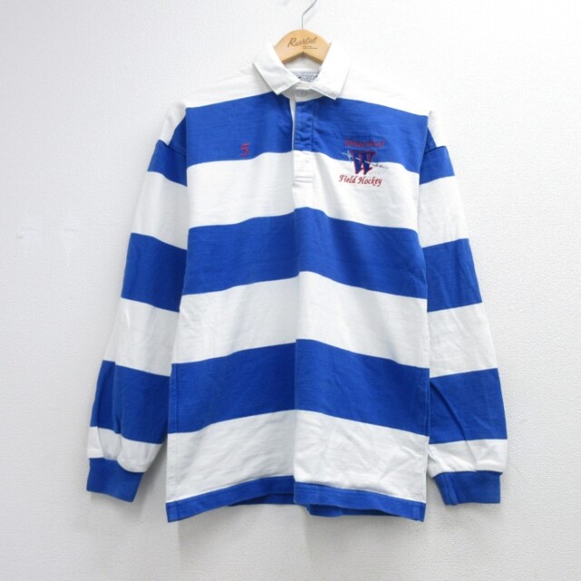 S★古着 COLUMBIAKNIT ホワイトボ 長袖 ラガー シャツ メンズ 90年代 90s フィールドホッケー 刺繍ロゴ コットン ボーダー USA製【spe】 26sep01