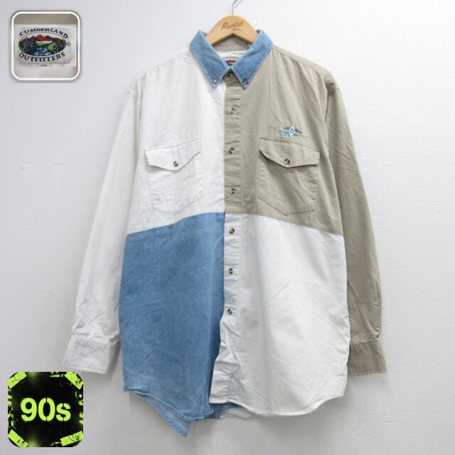 XL★古着 Cumberland 長袖 シャツ メンズ 90年代 90s マルチカラー クレイジーパターン フラップポケット コットン ボタンダウン ホワイト【spe】 26sep07