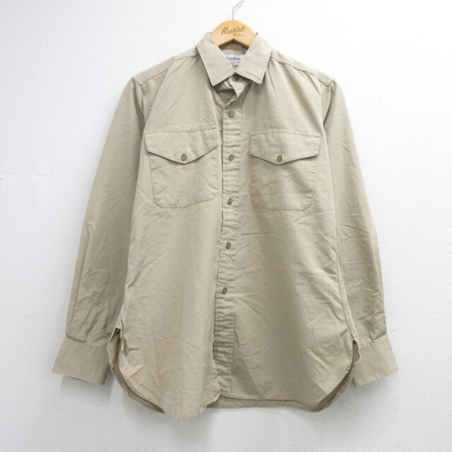 L★古着 Creighton 長袖 ビンテージ シャツ メンズ 60年代 60s ワーク マチ付き フラップポケット コットン USA製 ベージュ【spe】 26sep24