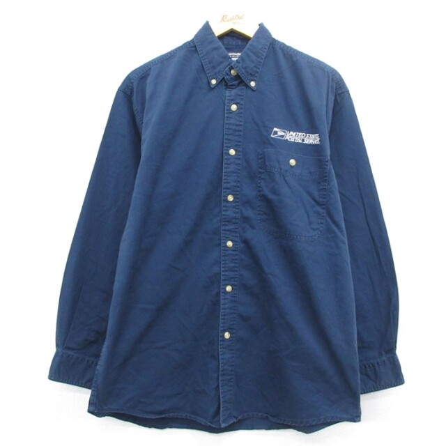 L★古着 リー Lee 長袖 シャツ メンズ 00年代 00s USPS 刺繍ロゴ コットン ボタンダウン ネイビー【spe】 26sep24