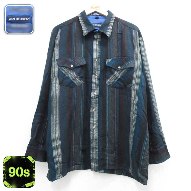 XL★古着 VAN HEUSEN バンヒューセン 長袖 シャツ メンズ 90年代 90s フラップポケット 大きいサイズ ネイビー ストライプ【spe】 26oct01