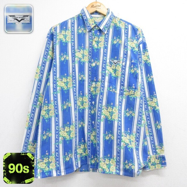LONGUE DISTANCE 90s 長袖シャツ 総柄 ブルー メンズL相当 | 古着