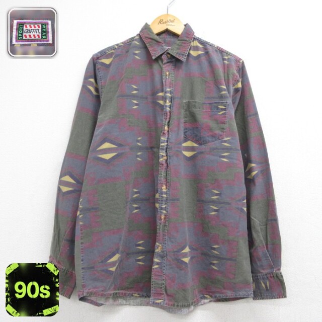 GRAFFITI 長袖 シャツ 90s ネイティブラグ 胸ポケット コットン 総柄 カーキ メンズL相当 | 古着
