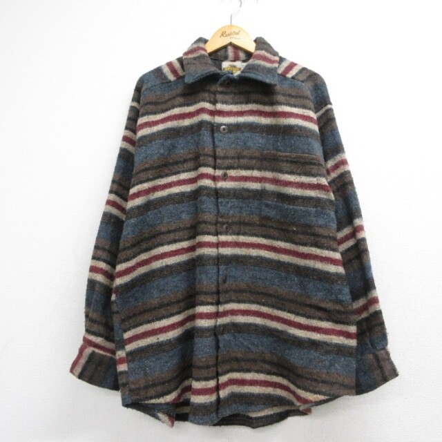XL★古着 EARTH RAGZ 長袖 シャツ メンズ 90年代 90s 大きいサイズ ロング丈 ブラウン ボーダー【spe】 26oct06