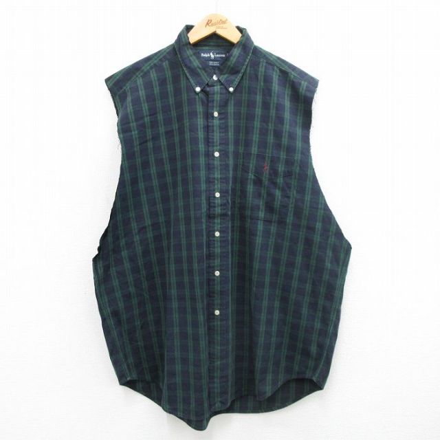 【50%OFF】XL★古着 ラルフローレン Ralph Lauren ノースリーブ ブランド シャツ メンズ 90年代 90s ワンポイントロゴ BIG SHIRTS 大きいサイズ ロング丈 コットン ボタンダウン 緑他 グリーン タータン チェック 【spe】 24mar18 中古 トップス