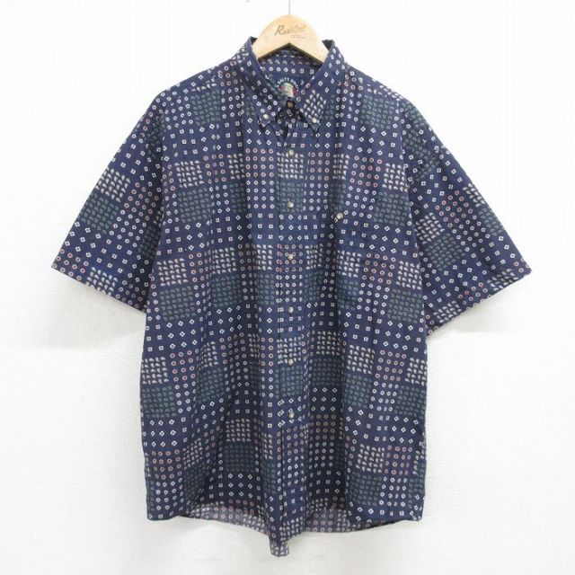 【50%OFF】XL★古着 GANT 半袖 シャツ メンズ 90年代 90s 総柄 大きいサイズ コットン ボタンダウン 濃紺他 ネイビー 24apr12 中古 トップス