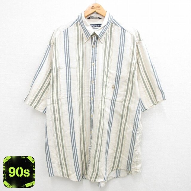 ノーティカ 90s 半袖シャツ ワンポイントロゴ 生成りストライプ XL | 古着