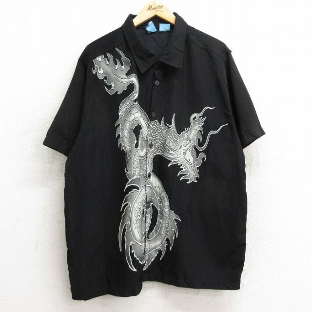 XL★古着 半袖 シャツ メンズ 龍 大きいサイズ 黒 ブラック 【spe】 24jul23 中古 トップス
