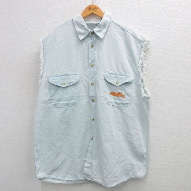 【50%OFF】XL★古着 ノースリーブ シャツ メンズ 00年代 00s ワシ 大きいサイズ ロング丈 コットン 薄紺 ネイビー デニム 24jul31 中古 トップス