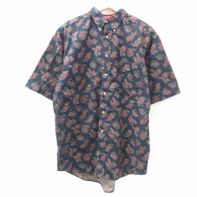 XL★古着 半袖 シャツ メンズ 00年代 00s ペイズリー柄 大きいサイズ コットン ボタンダウン 黒他 ブラック 25mar31 中古 トップス