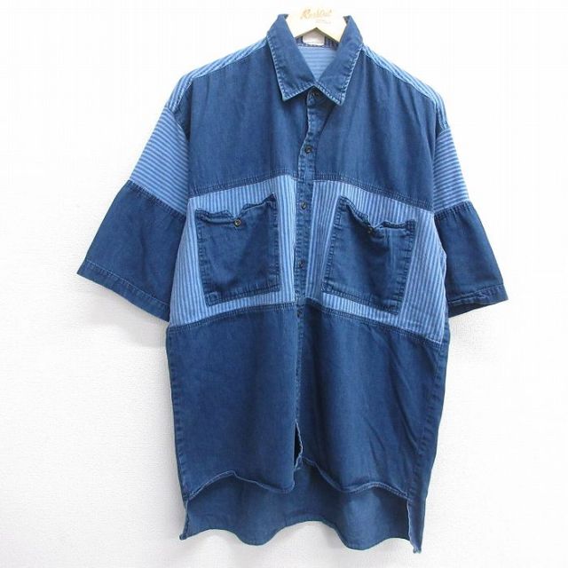 XL★古着 半袖 シャツ メンズ コットン 紺他 ネイビー デニム ストライプ 【spe】 25mar31 中古 トップス