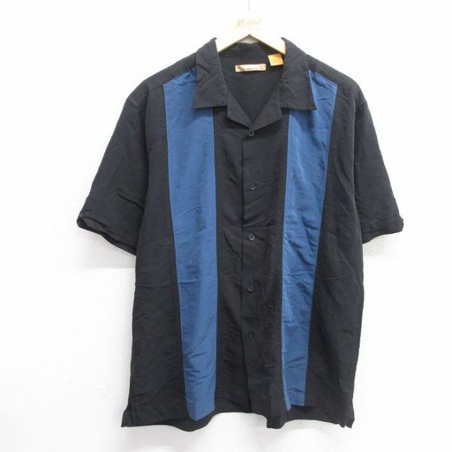 XL★古着 半袖 シャツ メンズ ツートンカラー 開襟 オープンカラー レーヨン 黒他 ブラック 25mar31 中古 トップス