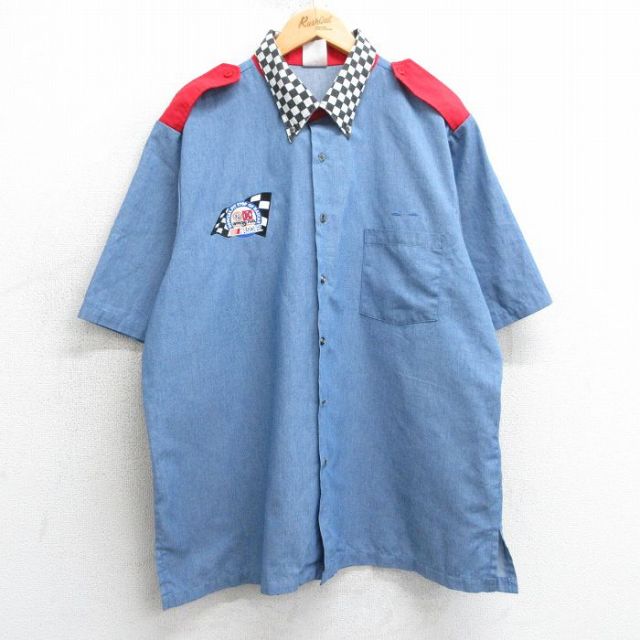 XL★古着 半袖 シャツ メンズ 00年代 00s NASCAR フラッグ ボタンダウン 薄紺他 ネイビー 25apr01 中古 トップス