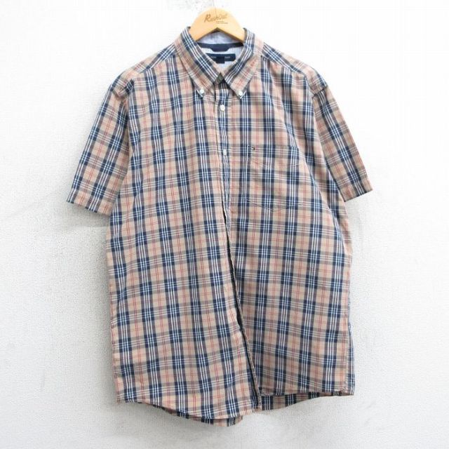 L★古着 トミーヒルフィガー TOMMY HILFIGER 半袖 ブランド シャツ メンズ ワンポイントロゴ コットン ボタンダウン ベージュ他 カーキ チェック 25apr01 中古 トップス