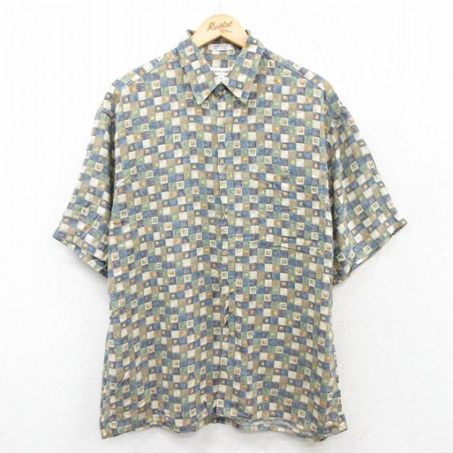 L★古着 ピエールカルダン pierre cardin 半袖 ブランド シャツ メンズ 90年代 90s 大きいサイズ レーヨン ベージュ他 カーキ チェック 25apr01 中古 トップス