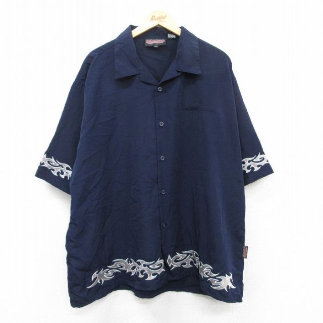 XL★古着 半袖 シャツ メンズ トライバル柄 大きいサイズ 開襟 オープンカラー 濃紺 ネイビー 25apr01 中古 トップス