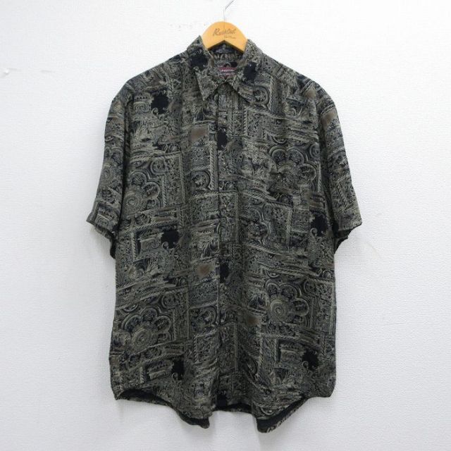 L★古着 半袖 シャツ メンズ 90年代 90s 植物 レーヨン 黒他 ブラック 【spe】 25apr02 中古 トップス