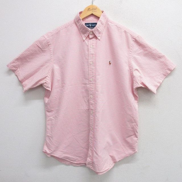 XL★古着 ラルフローレン Ralph Lauren 半袖 ブランド シャツ メンズ 90年代 90s ワンポイントロゴ 大きいサイズ ロング丈 コットン ボタンダウン ピンク他 チェック 25apr02 中古 トップス