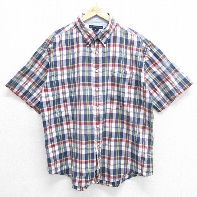 XL★古着 トミーヒルフィガー TOMMY HILFIGER 半袖 ブランド シャツ メンズ ワンポイントロゴ 大きいサイズ ロング丈 コットン ボタンダウン 紺他 ネイビー チェック 25apr02 中古 トップス