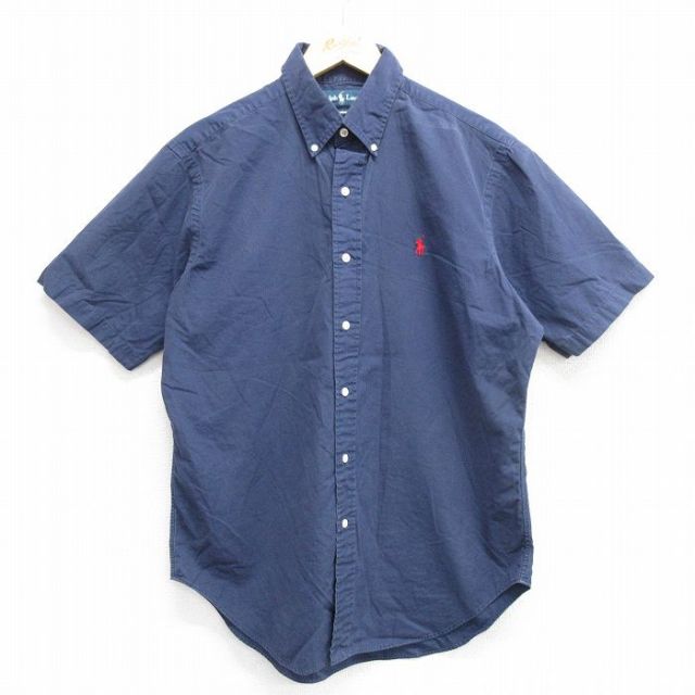 L★古着 ラルフローレン Ralph Lauren 半袖 ブランド シャツ メンズ 90年代 90s ワンポイントロゴ コットン ボタンダウン 紺 ネイビー 25apr02 中古 トップス