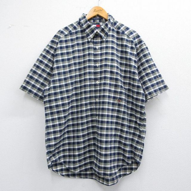 XL★古着 トミーヒルフィガー TOMMY HILFIGER 半袖 ブランド シャツ メンズ 90年代 90s ワンポイントロゴ 大きいサイズ ロング丈 コットン ボタンダウン 紺他 ネイビー チェック 25apr03 中古 トップス