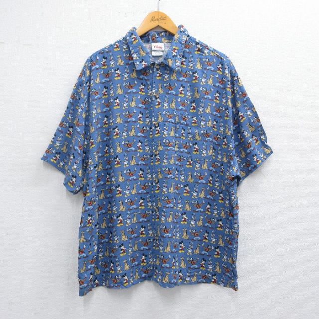 XL★古着 半袖 シャツ メンズ 00年代 00s ディズニー DISNEY ミッキー MICKEY MOUSE グーフィー ドナルド 薄紺他 ネイビー 【spe】 25apr03 中古 トップス