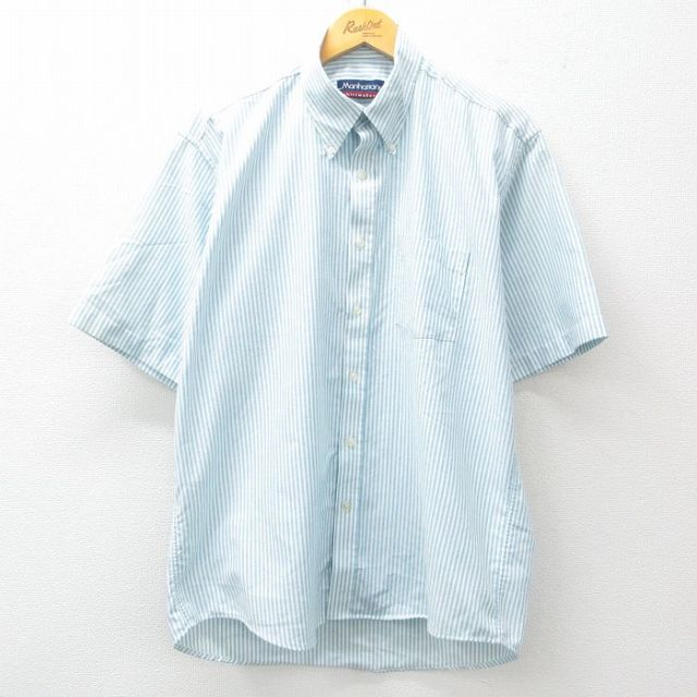 XL★古着 マンハッタン 半袖 シャツ メンズ 90年代 90s ボタンダウン 水色他 ストライプ 25apr03 中古 トップス