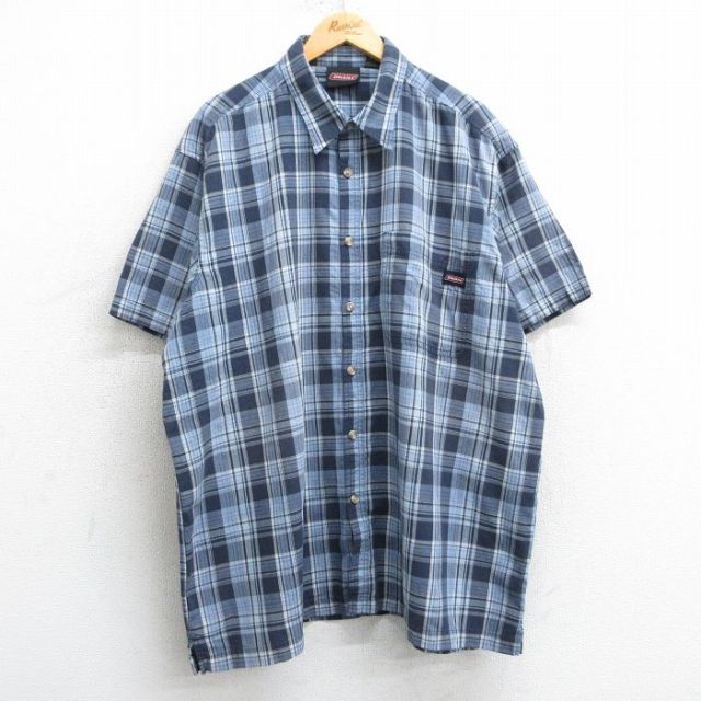 XL★古着 ディッキーズ Dickies 半袖 シャツ メンズ 大きいサイズ ロング丈 薄紺他 ネイビー チェック 25apr03 中古 トップス