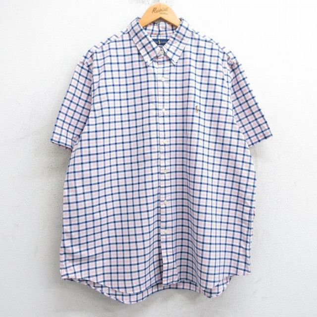 XL★古着 ラルフローレン Ralph Lauren 半袖 ブランド シャツ メンズ ワンポイントロゴ オックスフォード 大きいサイズ コットン ボタンダウン ピンク他 チェック 【spe】 25apr03 中古 トップス