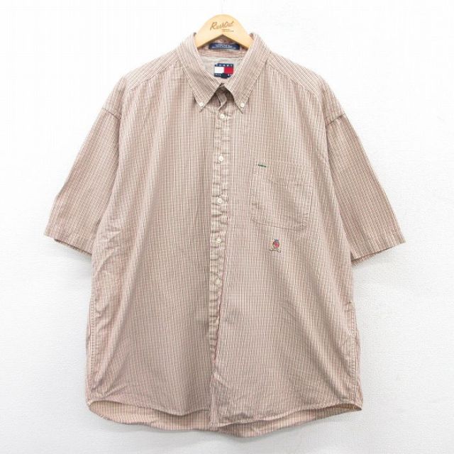 XL★古着 トミーヒルフィガー TOMMY HILFIGER 半袖 ブランド シャツ メンズ 90年代 90s ワンポイントロゴ 大きいサイズ ロング丈 コットン ボタンダウン ベージュ系他 カーキ チェック 25apr04 中古 トップス