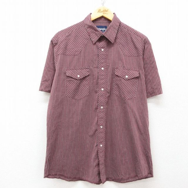XL★古着 ラングラー Wrangler 半袖 ウエスタン シャツ メンズ エンジ他 ストライプ 25apr04 中古 トップス