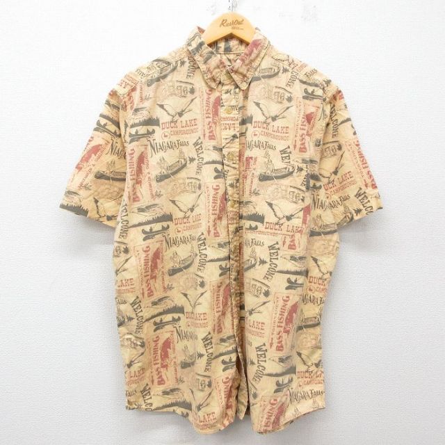 XL★古着 ウールリッチ WOOLRICH 半袖 シャツ メンズ 鳥 カヌー ボタンダウン 黄系 イエロー 25apr04 中古 トップス