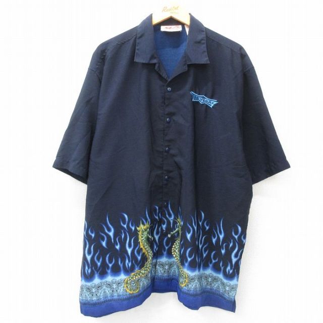 XL★古着 半袖 シャツ メンズ タツノオトシゴ ラスベガス 大きいサイズ ロング丈 開襟 オープンカラー 濃紺他 ネイビー 【spe】 25apr04 中古 トップス