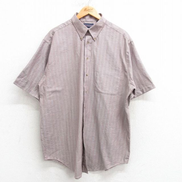 XL★古着 半袖 シャツ メンズ 00年代 00s ヘリンボーン ロング丈 ボタンダウン 薄茶他 ブラウン ストライプ 25apr04 中古 トップス