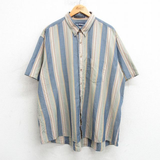 XL★古着 バンヒューセン 半袖 シャツ メンズ 90年代 90s 大きいサイズ ボタンダウン 薄紺他 ネイビー ストライプ 25apr04 中古 トップス