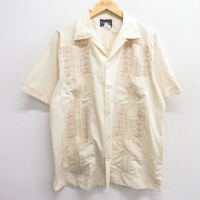 XL★古着 半袖 キューバ シャツ メンズ 90年代 90s 開襟 オープンカラー 生成り 25apr04 中古 トップス