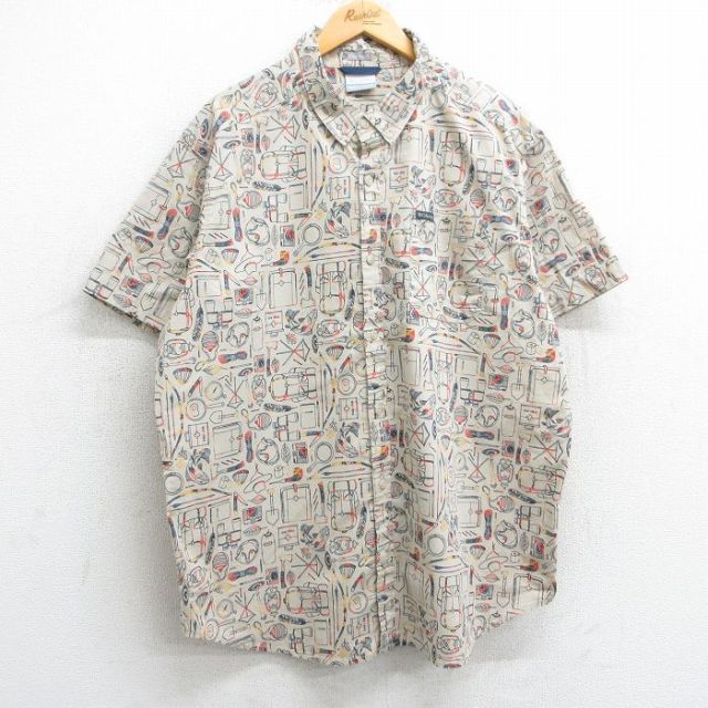 XL★古着 コロンビア COLUMBIA 半袖 シャツ メンズ 魚 リュック 弓 総柄 大きいサイズ ボタンダウン ベージュ他 カーキ 25apr04 中古 トップス