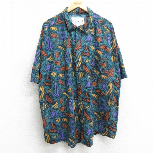 XL★古着 半袖 シャツ メンズ 90年代 90s 総柄 大きいサイズ レーヨン USA製 緑他 グリーン 【spe】 25apr04 中古 トップス