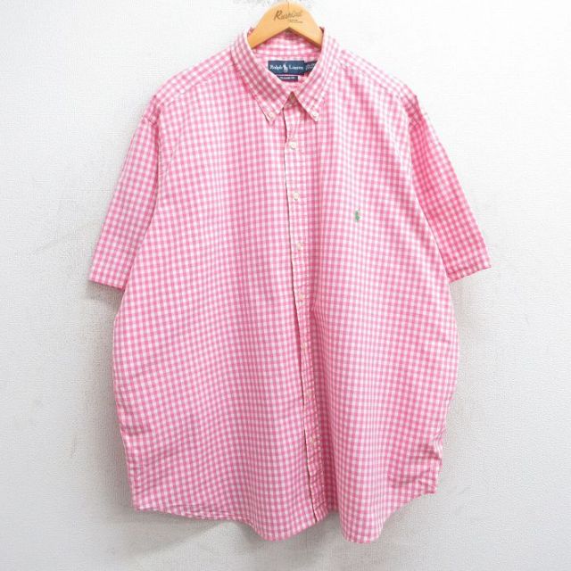 XL★古着 ラルフローレン Ralph Lauren 半袖 ブランド シャツ メンズ 90年代 90s ワンポイントロゴ 大きいサイズ ロング丈 コットン ボタンダウン ピンク他 ギンガム チェック 25apr04 中古 トップス