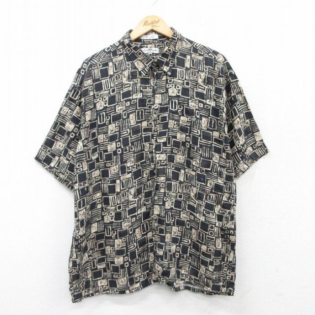 XL★古着 ピエールカルダン pierre cardin 半袖 ブランド シャツ メンズ 90年代 90s レーヨン 黒他 ブラック 25apr05 中古 トップス