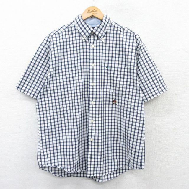 XL★古着 トミーヒルフィガー TOMMY HILFIGER 半袖 ブランド シャツ メンズ ワンポイントロゴ コットン ボタンダウン 紺他 ネイビー チェック 25apr05 中古 トップス