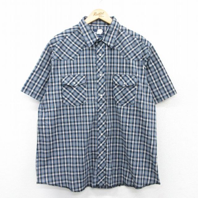 XL★古着 ラングラー Wrangler 半袖 ウエスタン シャツ メンズ 大きいサイズ 紺他 ネイビー チェック 25apr05 中古 トップス