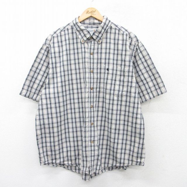 XL★古着 カーハート Carhartt 半袖 シャツ メンズ 大きいサイズ コットン ボタンダウン 黒他 ブラック チェック 【spe】 25apr05 中古 トップス