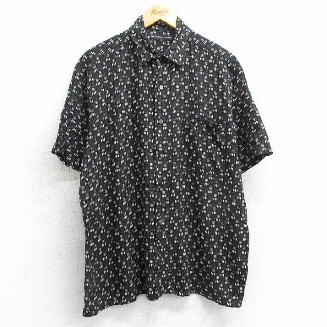 XL★古着 半袖 シャツ メンズ 総柄 レーヨン 黒他 ブラック 25apr05 中古 トップス
