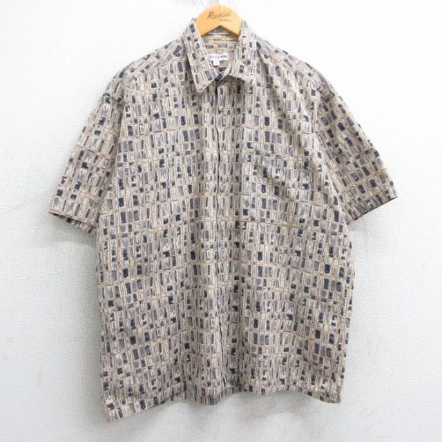 XL★古着 ピエールカルダン pierre cardin 半袖 シャツ メンズ 90年代 90s 総柄 コットン ベージュ他 カーキ 25apr05 中古 トップス