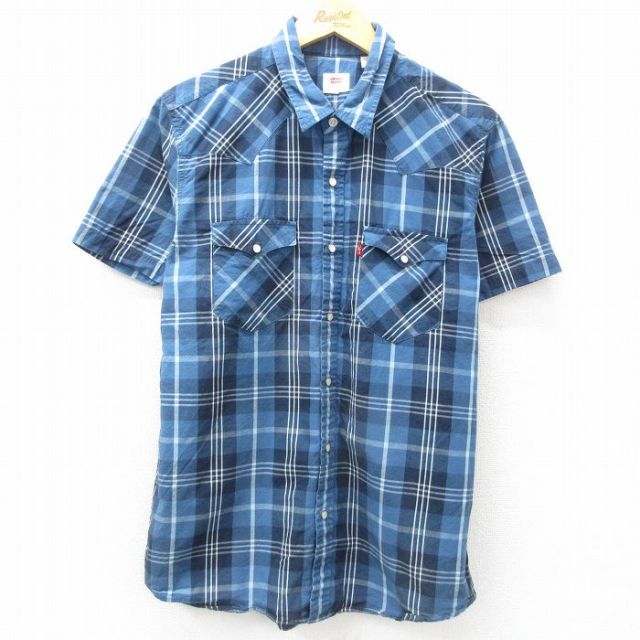 L★古着 リーバイス Levis 半袖 ウエスタン シャツ メンズ コットン 紺他 ネイビー チェック 25apr05 中古 トップス