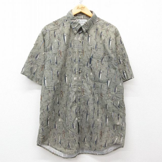 XL★古着 コロンビア COLUMBIA 半袖 シャツ メンズ 00年代 00s ルアー コットン ボタンダウン 緑他 グリーン 25apr05 中古 トップス