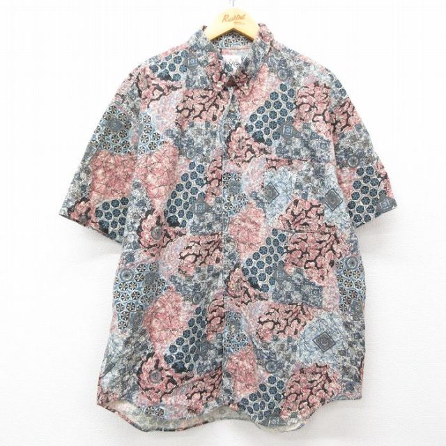 XL★古着 半袖 シャツ メンズ 00年代 00s 花 大きいサイズ ロング丈 ボタンダウン 紺系他 ネイビー 【spe】 25apr05 中古 トップス