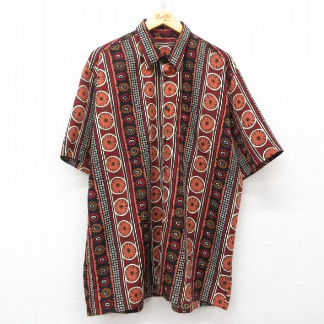 XL★古着 半袖 シャツ メンズ 総柄 大きいサイズ ロング丈 オレンジ他 25apr05 中古 トップス