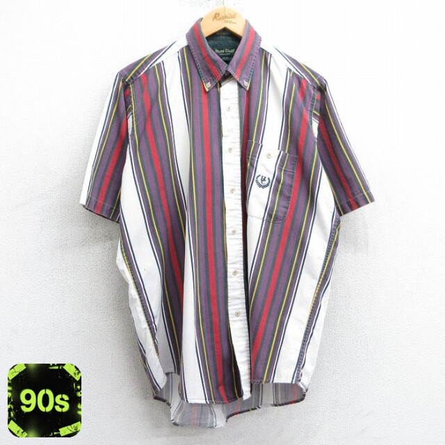 90s 半袖シャツ ワンポイントロゴ ホワイトストライプ XL | 古着